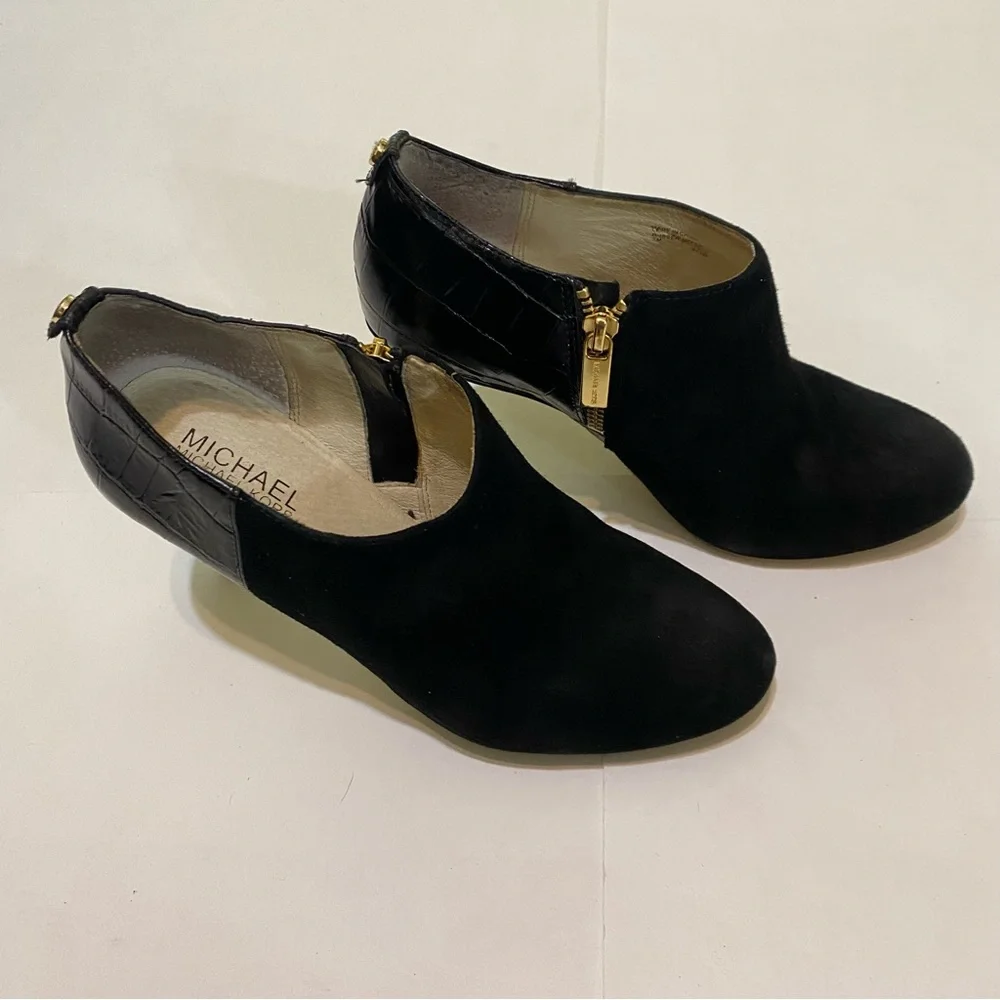 Michaels Koran Black Suede Ankle Booties with Gold Zipper
